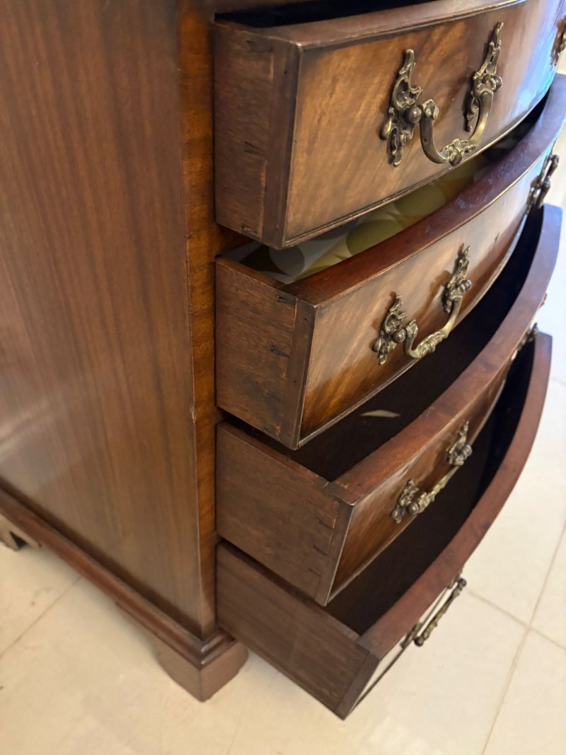 Antique Edwardian Quality Figured Mahogany Bow Fronted Chest of Four Drawers - Image 9